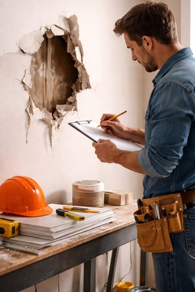 Contractor inspecting a wall during home repairs