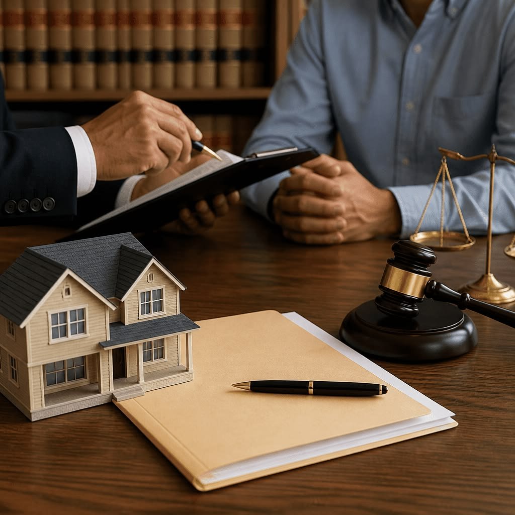 Solicitor reviewing legal documents at a desk