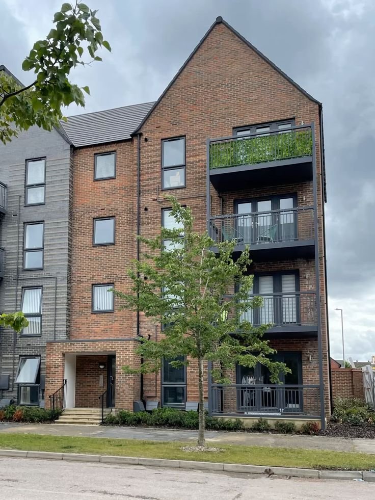 Modern UK apartment building with multiple flats