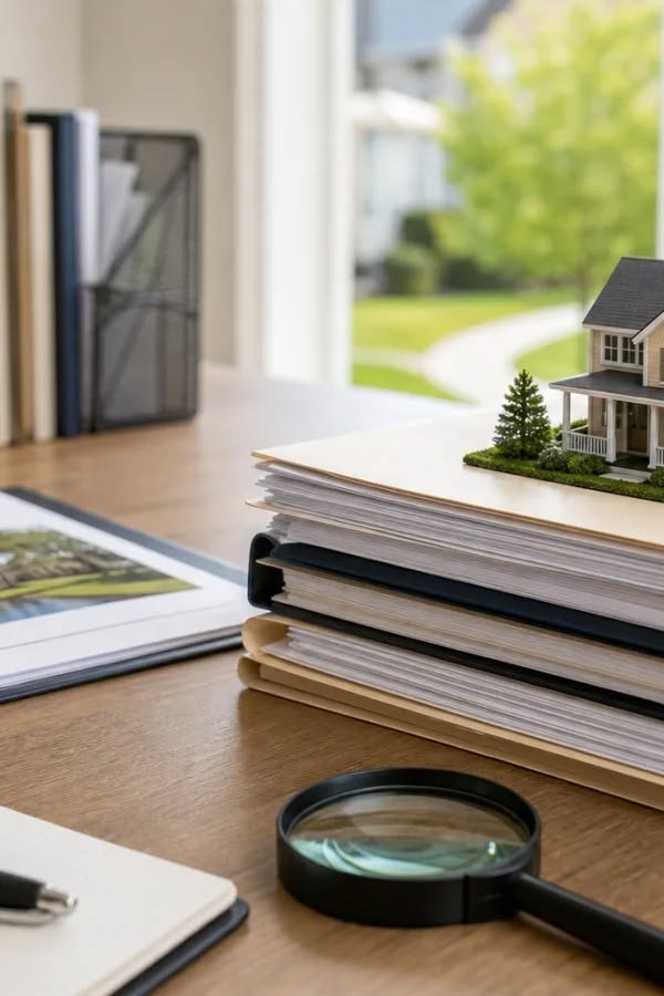 Property search documents and official records on a desk