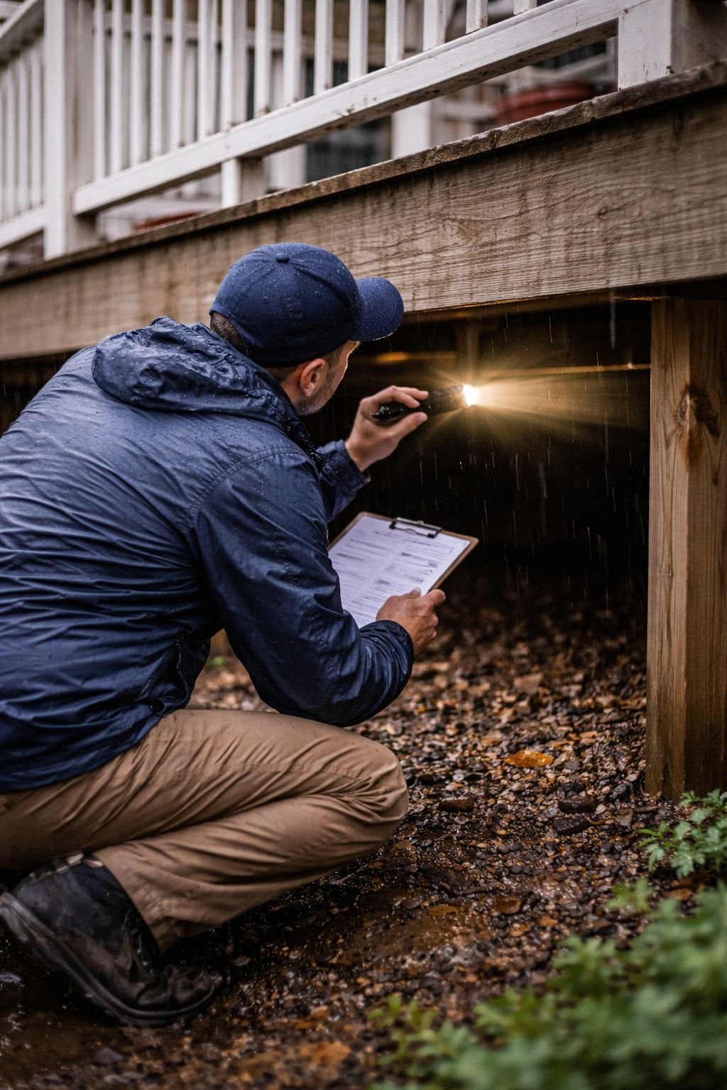 Professional property maintenance contractor inspecting a rental home.